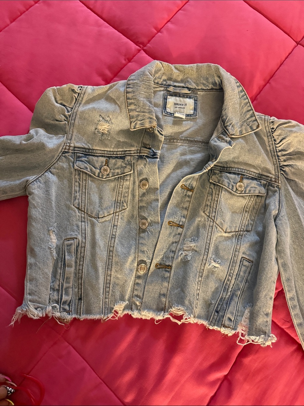 Forever 21 Light blue Distressed Cropped Denim Jacket puffer sleeves.